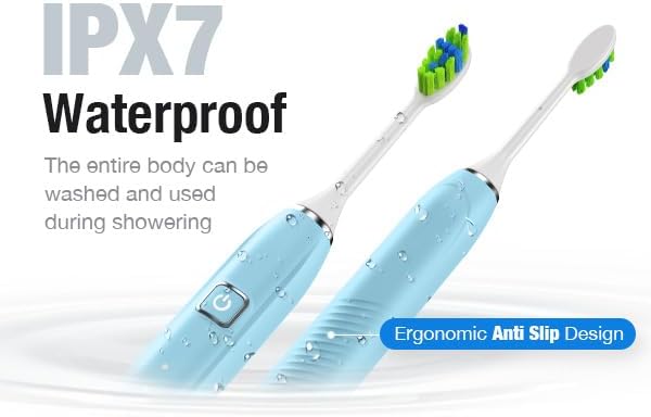 7AM2M Ultrasonic Electric Toothbrush with 6 Brush Heads for Adults&Kids, Type C Charging, One Charge for 120 Days, 5 Modes&40000VPM Powered Toothbrush, 5 Minutes Built in Smart Timer (Light Blue)