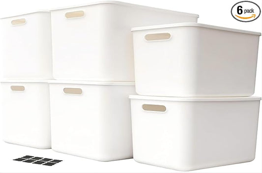 Amyup Set Of 6 Plastic Storage Bins,Versatile Kitchen Pantry Organization and Storage,for Plastic Storage Container Under Bed,Under Sink Bathroom Organizer (White, 4 L+2 M)