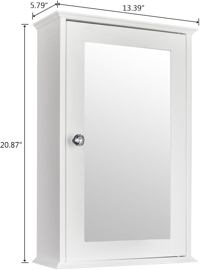 Bonnlo Bathroom Cabinet Wall Mount Mirrored Medicine Cabinet Storage Organizer with Single Door and 2 Adjustable Shelves White