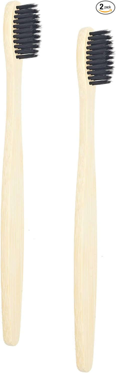 SEVENHEAD 2 PCS Bamboo Toothbrushes With Soft Bristles for Adults - Natural Biodegradable BPA Free Eco-Friendly Wooden Black Toothbrush