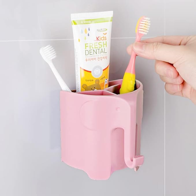 Kids Toothbrush Holder, Cute Elephant Toothbrush Holders for Toddler, Toothbrush Toothpaste Holder for Bathroom, Toothbrush Organizer with 3 Slots and a Hook, Pink