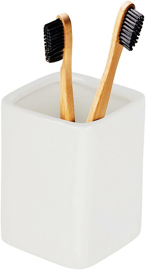 Ceramic Square Toothbrush Cup – Durable & Colorfast Toothbrush Holder for Bathroom, Hotel & Office Desk Storage – Modern Bathroom Countertop Holder for Toothpaste, Razors & Daily Essentials
