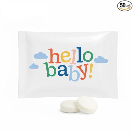 SIMPLY Peppermint "Hello Baby", Individually Wrapped Breath Mints, Bulk 50 Packets (2 per Packet), | Gender Reveal, Party Favors