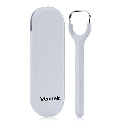 Venneir® Tongue Scraper with Travel Case, Oral Glide Pro–Bad Breath Treatment, Medical-Grade Stainless Steel– for Adults & Kids. 100% Rustproof, Sleek & Effective Design (Slate White)