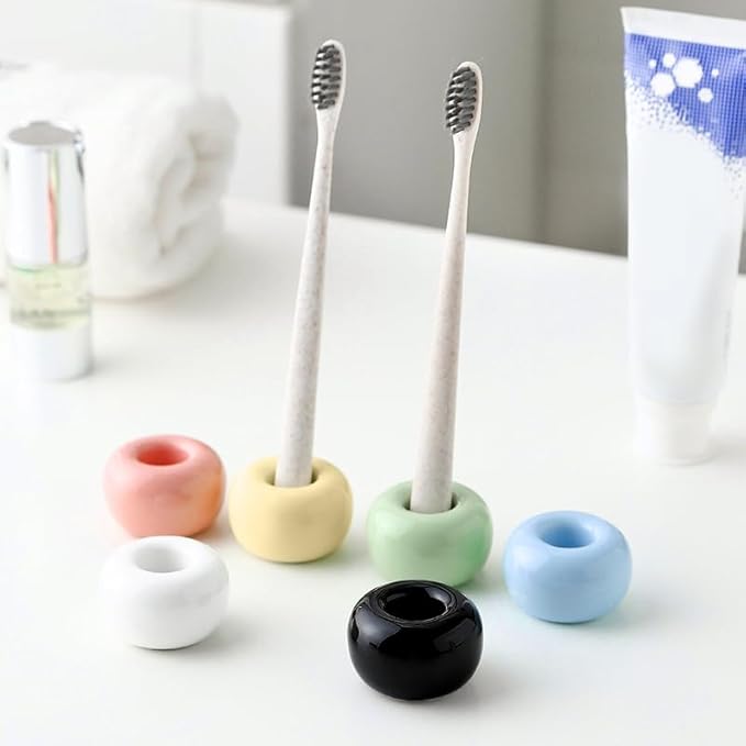Mini Ceramics Toothbrush Holder Stand for Bathroom Vanity Countertop, Handmade Couple Toothbrush Head Holder, Shaver Holder and Office Pen Holder, Yellow&Green, Pack of 2