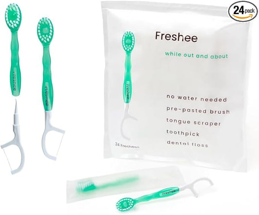 Freshee Bead -5 in 1 Disposable Mini Toothbrush with Toothpaste Bead + Floss + Pick + Tongue Scraper | Travel Size | Individually Wrapped | Soft | Extra Mint | Travel Set | Oral Care