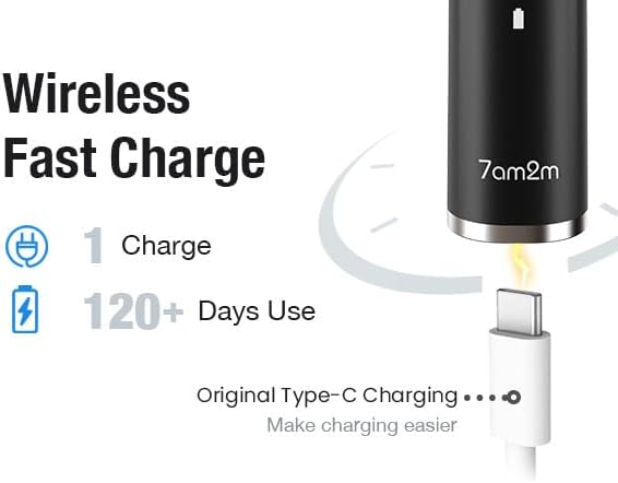 7AM2M Ultrasonic Electric Toothbrush with 6 Brush Heads for Adults&Kids, Type C Charging, One Charge for 120 Days, 5 Modes&40000VPM Powered Toothbrush, 3 Minutes Built in Smart Timer (Black)
