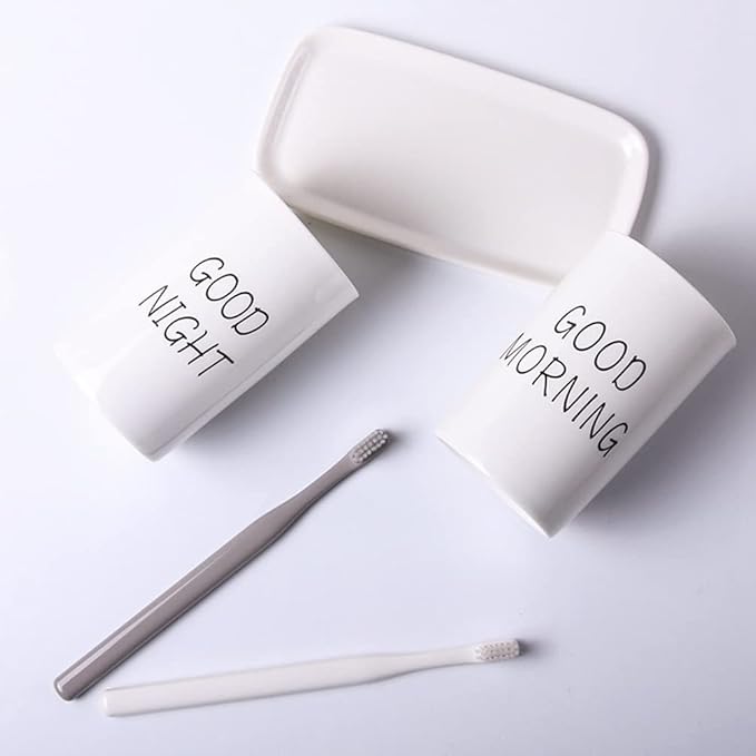 Kelake White Ceramic Tumbler for Bathroom Toothbrush, Water, Milk, Drinks - 280 ml Good Morning Cup for Couples - Christmas Birthday