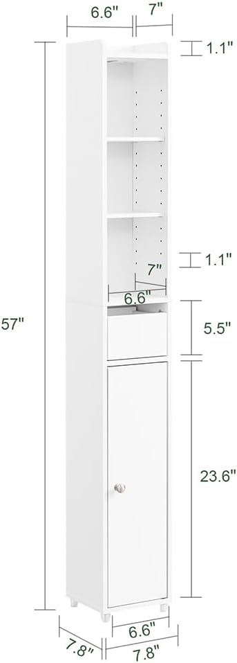 SoBuy Narrow Bathroom Storage Cabinet, Tall Slim Bathroom Organizer Cabinet with Adjustable Shelves, Skinny Freestanding Corner Cupboard for Small Spaces, White, BZR34-K-W