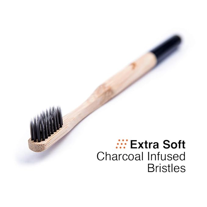 Bamboo Toothbrush with Extra Soft Charcoal Infused Bristles, Set of 4
