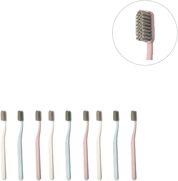 9 Pcs Hard Hair Nylon Toothbrushes for Adults Teeth Cleaning Tool with Curved Handle Multi-Color Pink Sky-Blue Beige Packaged