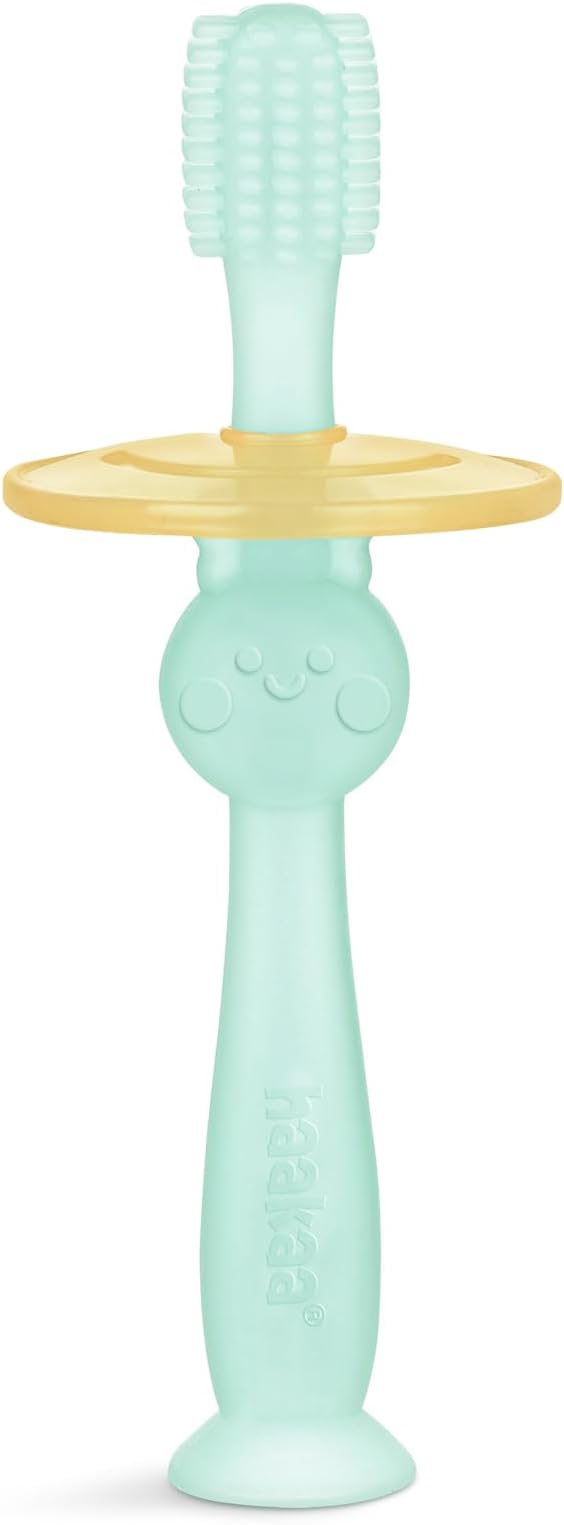 Haakaa 360 Food Grade Silicone Baby Toothbrush - 6M+ With Shield & Base Design, 1pc (Blue)