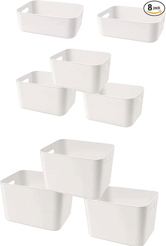 Amyup Set Of 8 Plastic Storage Bins,Versatile Kitchen Pantry Organization and Storage,for Plastic Storage Container Under Bed,Under Sink Bathroom Organizer (White, 8 Pack