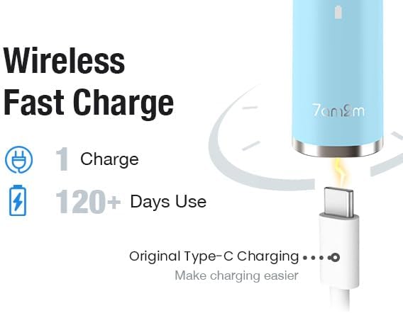 7AM2M Ultrasonic Electric Toothbrush with 6 Brush Heads for Adults&Kids, Type C Charging, One Charge for 120 Days, 5 Modes&40000VPM Powered Toothbrush, 5 Minutes Built in Smart Timer (Light Blue)