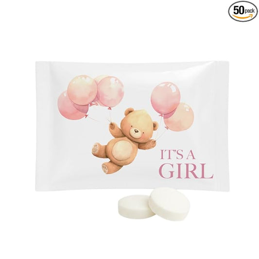 SIMPLY Peppermint "It's a Girl!", Individually Wrapped Breath Mints in Bulk, 50 Packets (2 per Packet), | Gender Reveal, Baby Shower, Party Favors