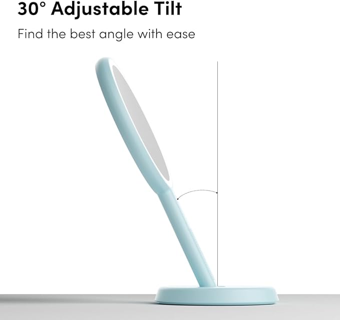 Fancii Cami Handheld Travel Makeup Mirror with Lights, Rechargeable, Extra Large, Double Sided 5X / 1X Magnifying Mirror - 3 Color Lighting, Handheld or Vanity (Blue Fluff)