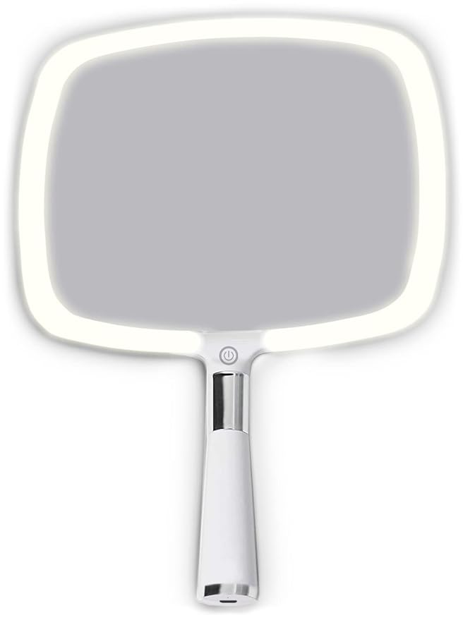 MIRRORVANA Lighted Travel Hand Mirror with Comfy Handle and Detachable Stand - Portable, Thin and Lightweight Design - Rechargeable with 3 LED Light Settings - 9" x 13" (White)