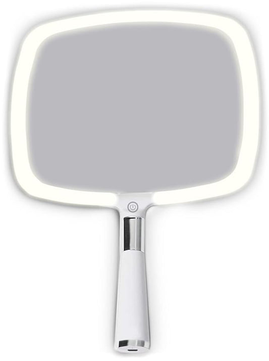 MIRRORVANA Lighted Travel Hand Mirror with Comfy Handle and Detachable Stand - Portable, Thin and Lightweight Design - Rechargeable with 3 LED Light Settings - 9" x 13" (White)