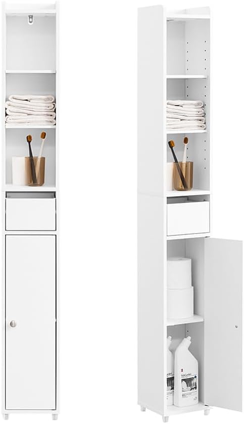 SoBuy Narrow Bathroom Storage Cabinet, Tall Slim Bathroom Organizer Cabinet with Adjustable Shelves, Skinny Freestanding Corner Cupboard for Small Spaces, White, BZR34-K-W