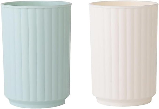 Wide Striped Toothbrush Cup 2Pcs, Simple Couple Toothbrush Cup, Large Capacity Bathroom Cup, Juice Cup, Reusable Water Cup (White&Green)