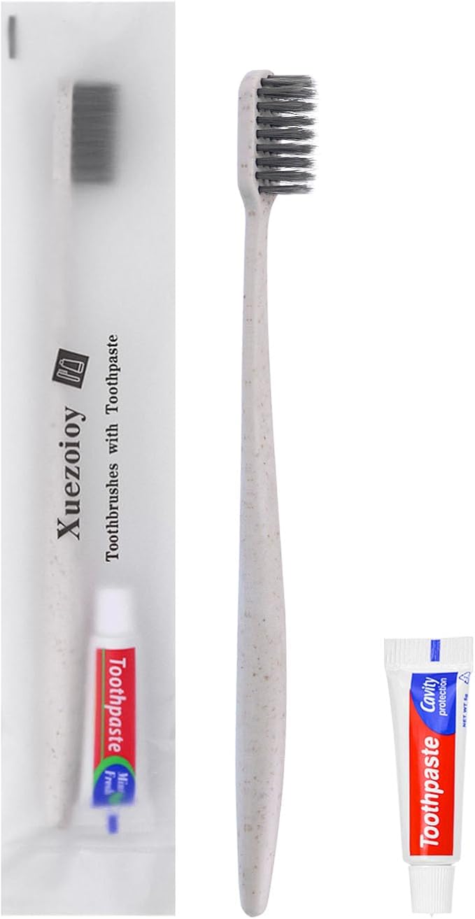 Xuezoioy Disposable Toothbrushes with Toothpaste,100 Pack Apricot Individually Wrapped Disposable Travel Toothbrushes Kit in Bulk for Homeless,Nursing Home,Hotel,Charity