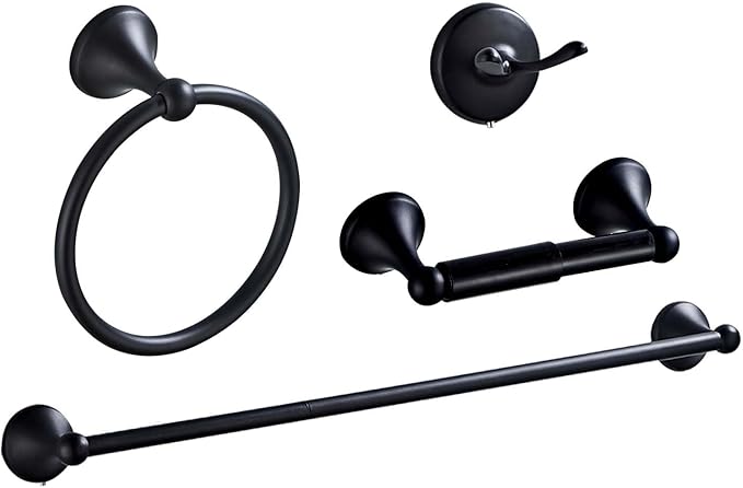 Matt Black Bathroom Accessory Set, Adjustable Towel Bar,Towel Ring,Toilet Paper Holder,Robe Hook 4-Piece Bathroom Hardware Set Wall Mounted (Matt Black)