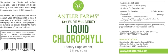 Antler Farms – 100% Natural 12,000 mg Liquid Chlorophyll Drops, Concentrated Extract 2-8X Stronger, 60 Servings, 2 oz - Immune Support, Energy Booster, Detox, Fresh Mint Flavor (Pack of 2)