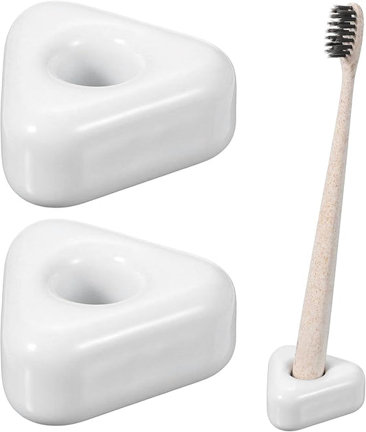 uxcell 2 Pcs Mini Ceramics Toothbrush Holder Stands, Sleek Mini Countertop Toothbrush Triangle Shape Ceramic Holder Stand for Bathroom Vanity Countertops, White