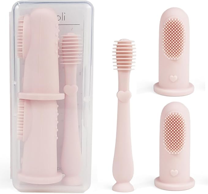 Ali+Oli Baby Oral Care Set (Blush) - Dual-Sided Finger Toothbrush x2, Tongue Scraper, Protective Case - BPA, Phthalate, PVC Free - Food-Grade Baby Care Products for Infants