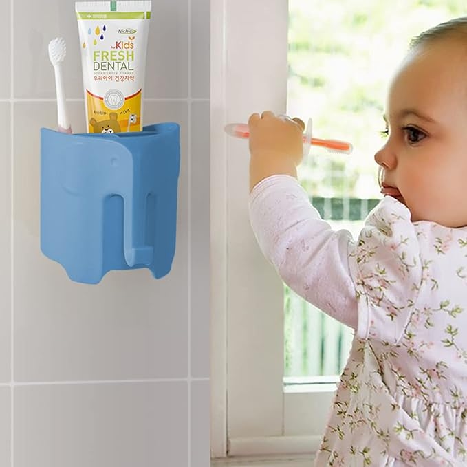 Kids Toothbrush Holder, Cute Elephant Toothbrush Holders for Toddler, Toothbrush Toothpaste Holder for Bathroom, Toothbrush Organizer with 3 Slots and a Hook, Sky Blue