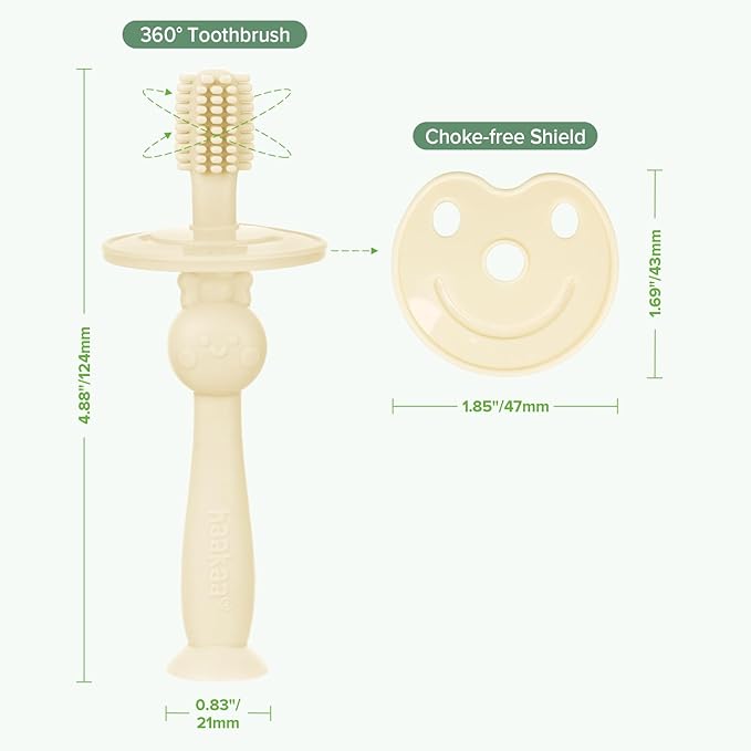 haakaa Infant Toothbrush, Easy to Hold 360° Baby Toothbrush, Train 6month+ Infants Babies and Toddlers for Oral Hygiene, Teether Effect for Sore Gums, 1pc (Cream)