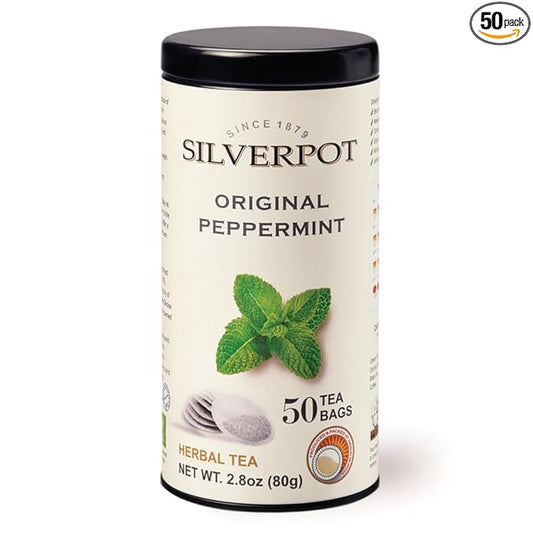Silverpot Original Peppermint Tea Bags - 50 Round Bags | Natural, Refreshing Mint | Caffeine Free, Herbal | Reusable Tin