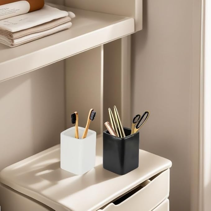 Black Ceramic Square Toothbrush Cup – Durable Black Toothbrush Holder for Bathroom, Hotel & Office Desk Storage – Modern Bathroom Countertop Holder for Toothpaste, Razors & Daily Essentials