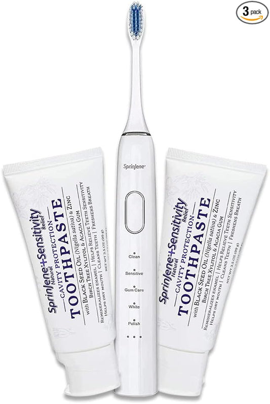 SprinJene Natural Toothpaste + Sonic Toothbrush - Cavity Protection for Sensitivity Relief of Teeth and Gums with Fluoride, Fresh Breath, Helps Dry Mouth - Vegan, Dye-Free, and SLS Free Toothpaste