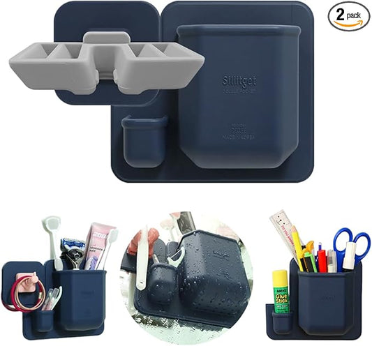 Silicone Wall Mounted Organizer - Made in Korea, BPA Free - Storage with Hook - Bathroom and Living Room, Remote Control & Shower Caddy (Eagle Wing(Navy), Poket Holder(Navy))