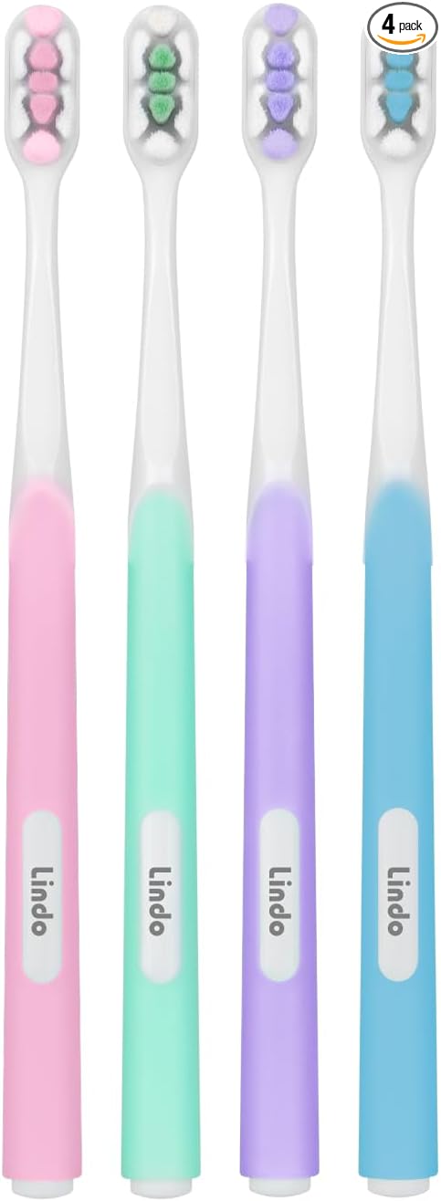 Lindo Ultrafine Toothbrush - for Sensitive Gums and Teeth, 12000+ Ultra Fine Bristles, Soft and Gentle, Deep Clean, Pack of 4