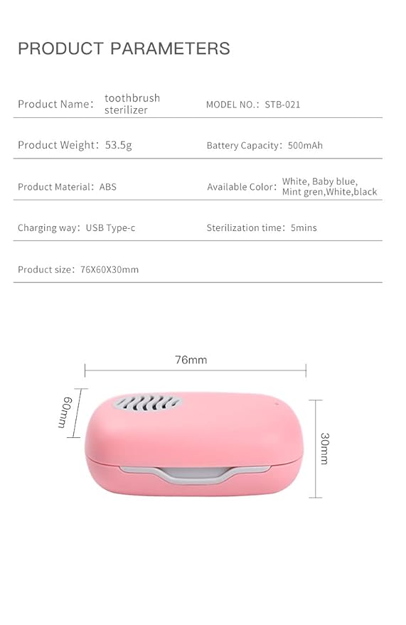 Rechargeable Mini UV Toothbrush Cover with Fan and USB cord for Travel or Home, Long Battery Life and Improved Case Ventilation FOR Better Disinfection (PINK)