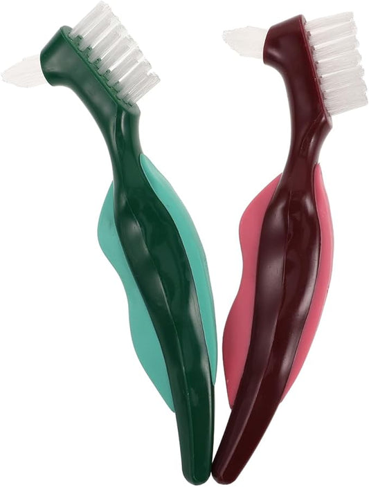 OUNONA Dual Head Denture Toothbrush for False Teeth Hard Bristle Oral Appliance Cleaner with Non-Slip Comfortable Grip 2-Pack Travel-Friendly Dentures Cleaning Brush for Seniors