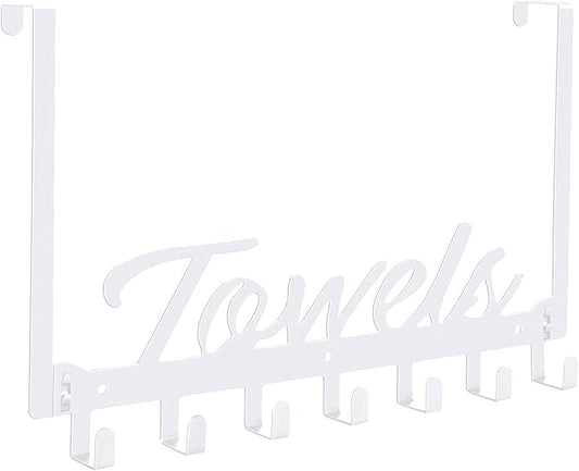 Over The Door Hooks, Heavy Duty Towel Rack with 7 Coat Hooks for Bedroom Bathroom Pool Kitchen Towels and Bags (White)