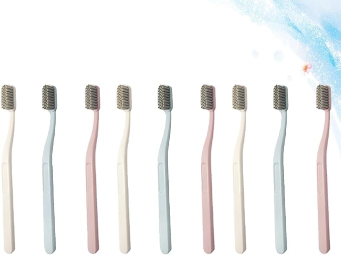9 Pcs Adult Hard Hair Nylon Toothbrushes with Curved Handles for Teeth Cleaning Oral Care Tools in Pink Sky-Blue and Beige Colors
