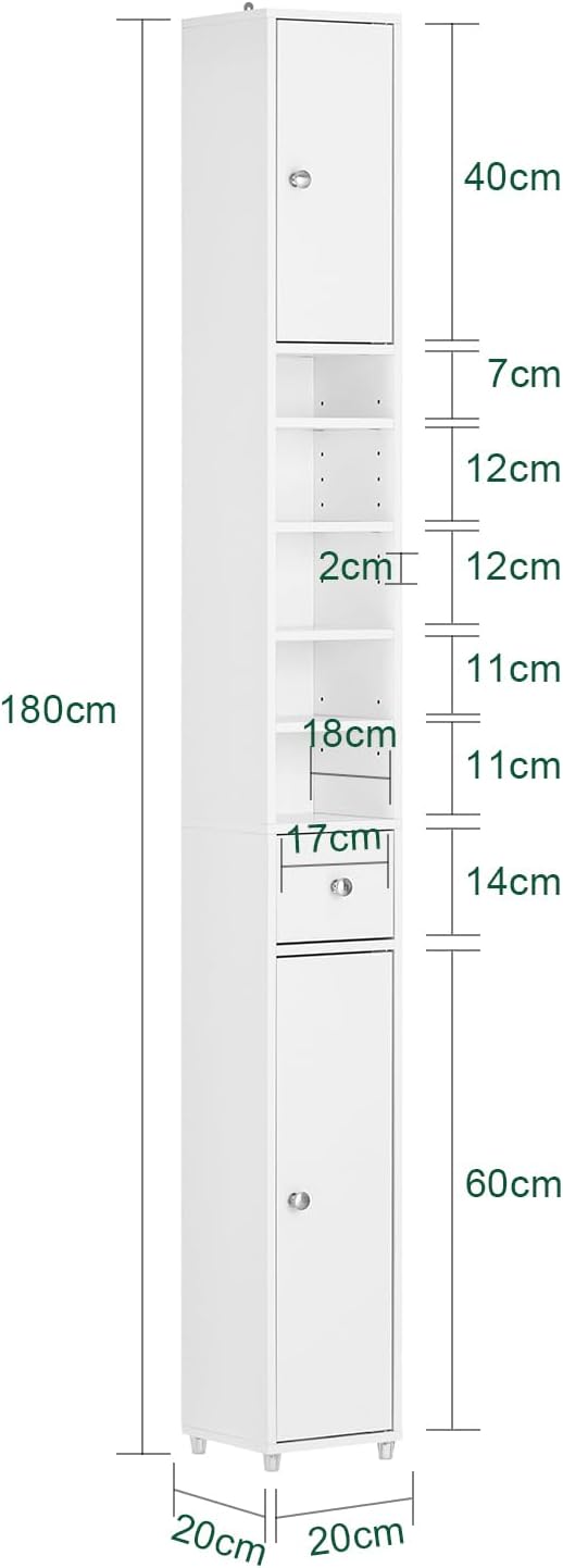 SoBuy Bathroom Narrow Storage Cabinet, Skinny Tall Unit with Adjustable Shelves Slender, Bathroom Organizers and Storage, Anti-Tipping Floor Standing Cupboard Laundry Room, White BZR34-W