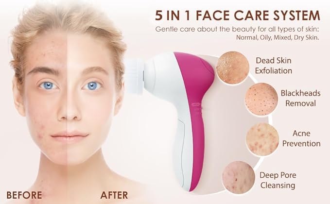 Face Scrubber | Facial Cleansing Brush Exfoliator Skin Care Products Beauty Products Powered Electric Wash Exfoliating Spin Cleanser Cleaning Scrub Including 7 Heads (Rubellite)