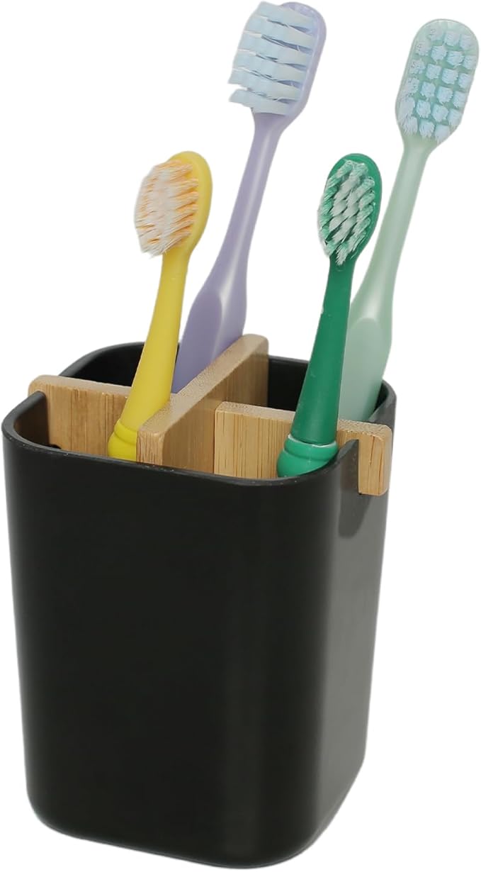 Bamboo Toothbrush Holder 4 Slots Toothpaste Toothbrush Holder for Bathroom Easy Cleaning Detachable(Black)