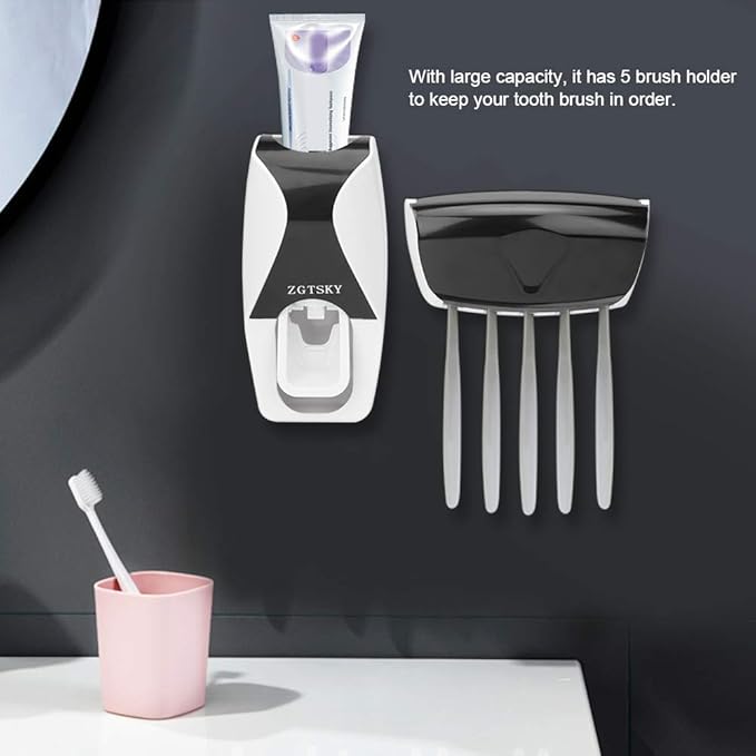 Toothbrush Holder Toothpaste Dispenser Set, Wall Mounted Automatic Hands-Free Toothpaste Dispenser, for Family Washroom Bathroom(黑色)