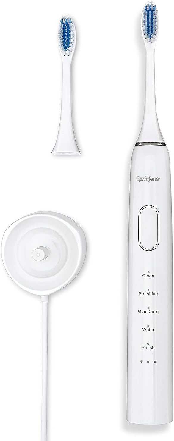 SprinJene Natural Sensitivity Relief, Fluoride Toothpaste for Sensitive Teeth & Gum (4 Pack) + Fluoride Free Mouthwash with Natural Ingredients + Electric Toothbrush with Wireless Charger