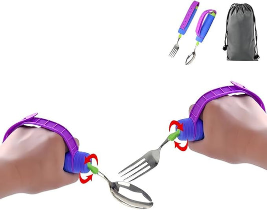 Bendable Adaptive Utensils Spoons Forks Set,Left and Right Handed, for Hand Tremors & Muscle Weakness,Arthritis,Stroke,Parkinson,360 Degree Rotation Weighted Rubber Strap,Eating & Drinking Aids