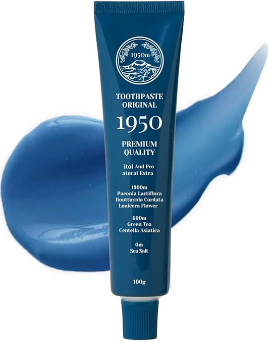 1950 Mineral Salt Blue Toothpaste - Whitening Toothpaste for Sensitive Teeth - Jeju Lava Seawater Salt with Hydroxyapatite for Gum Care, Fluoride Free, Green Tea Freshness, SLS Free (3.5 oz)