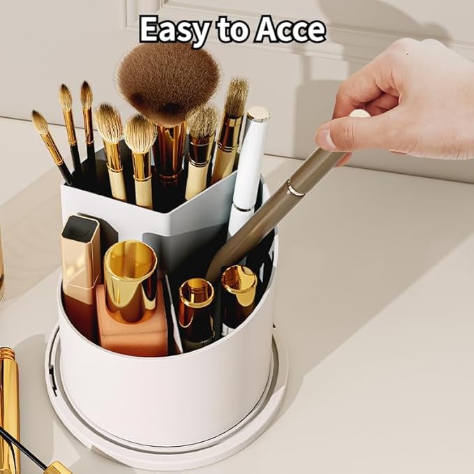 Makeup Brush Holder Organizer with 360° Rotating Lid Dustproof Makeup Brushes Organizer for Vanity Desktop Bathroom Countertop Clear Cover Easy Visibility (White)