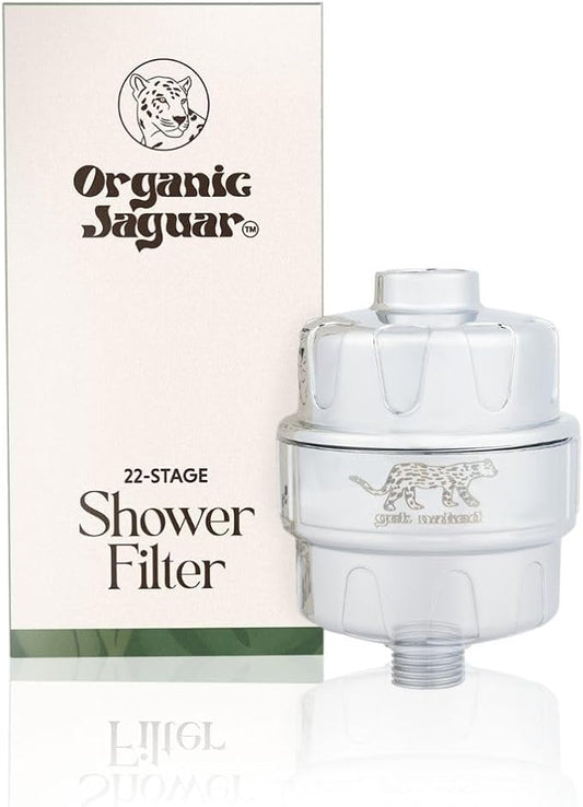 Organic Jaguar Shower Filter, 22 Stage Water Shower Head Filter For Hard Water, Heavy Metals, Chlorine & Impurities, Supports Hair and Skin Health & Hydration, Easy Installation, Long Lasting, Chrome
