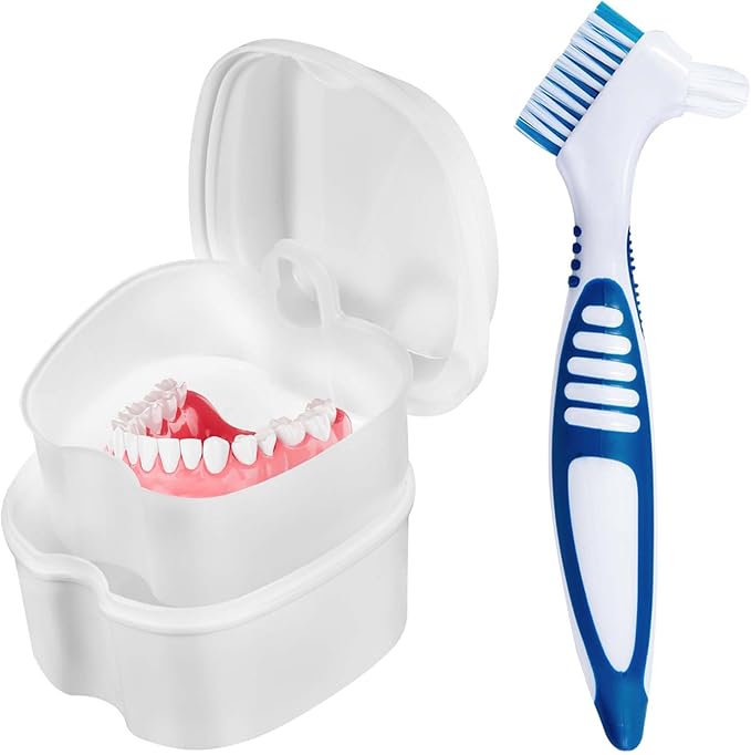 White Denture Bath Case Cup Box Holder Storage Container with Denture Cleaner Brush Strainer Basket for Travel Cleaning